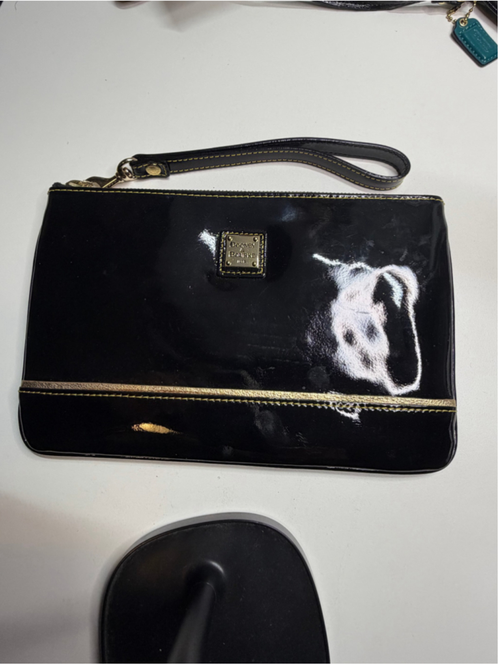 Women's Dooney & Bourke Black and Gold Patent Leather Wristlet Clutch